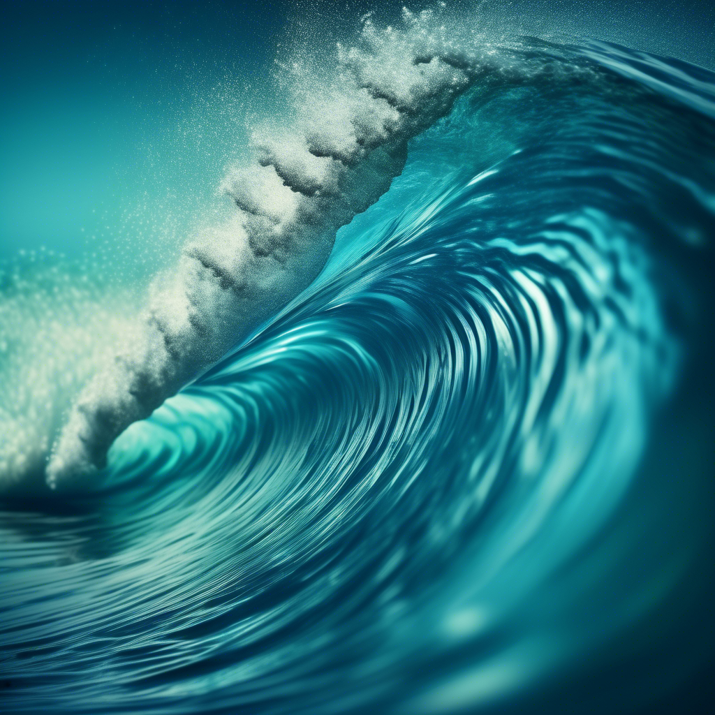 A mesmerizing ocean wave curling in perfect Fibonacci formation, with shimmering blue and turquoise hues.