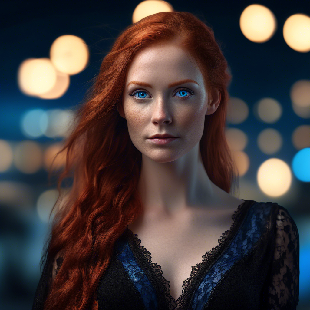 A striking portrait of a woman with long, flowing red hair and piercing blue eyes, wearing a sleek black gown with intricate lace details. She stands against a blurred background of sparkling city lights at dusk. Captured in 8K resolution with a 50mm lens, soft bokeh, and warm, soft lighting highlighting her face and hair. The mood is sophisticated and intimate.