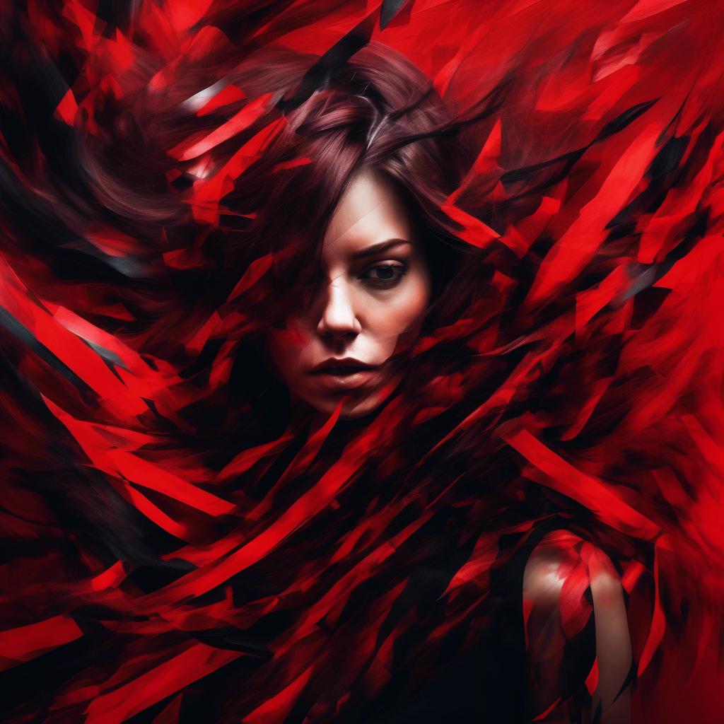 abstract female portrait,undefined hair,red and black color palette,blurred boundaries,upper body,fragmented visual style,evokes feelings of rebellion and passion