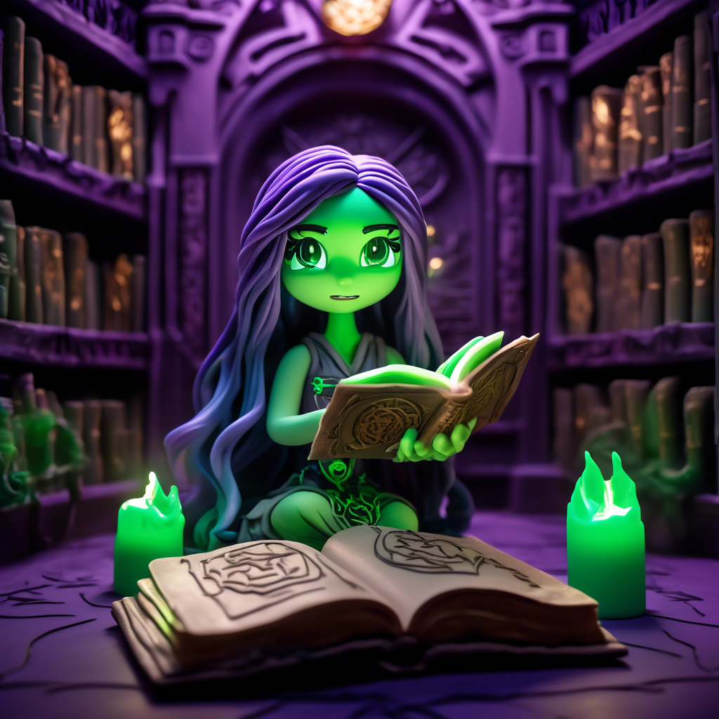 "Mystical Anime Girl with a Spellbook" An anime girl with glowing green eyes and long purple hair, holding an ancient spellbook with magical runes floating around her. The background is a dark, mystical library. Rendered in 8K with soft, glowing lighting.
