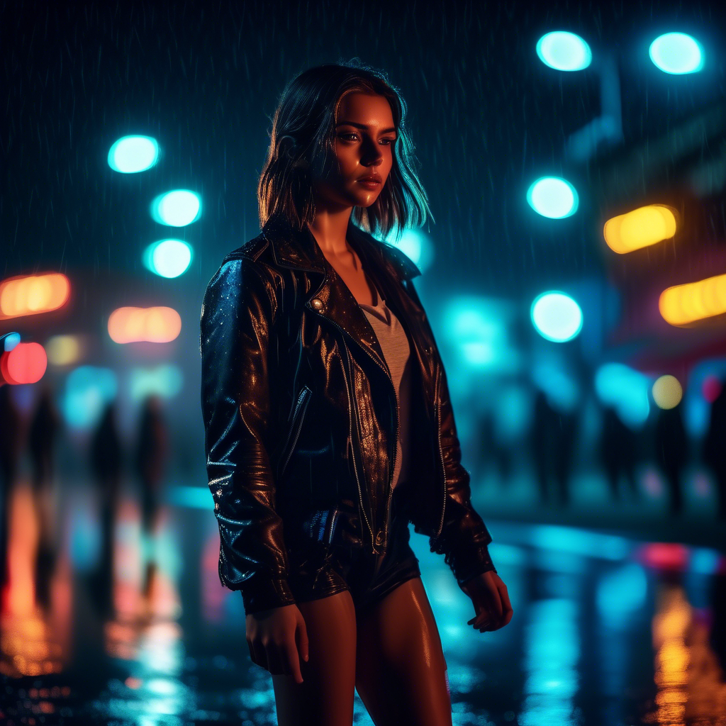 A confident girl in a leather jacket walking on a beach at night, neon lights reflecting off the wet pavement, captured in 4K with a 50mm lens and dramatic lighting.