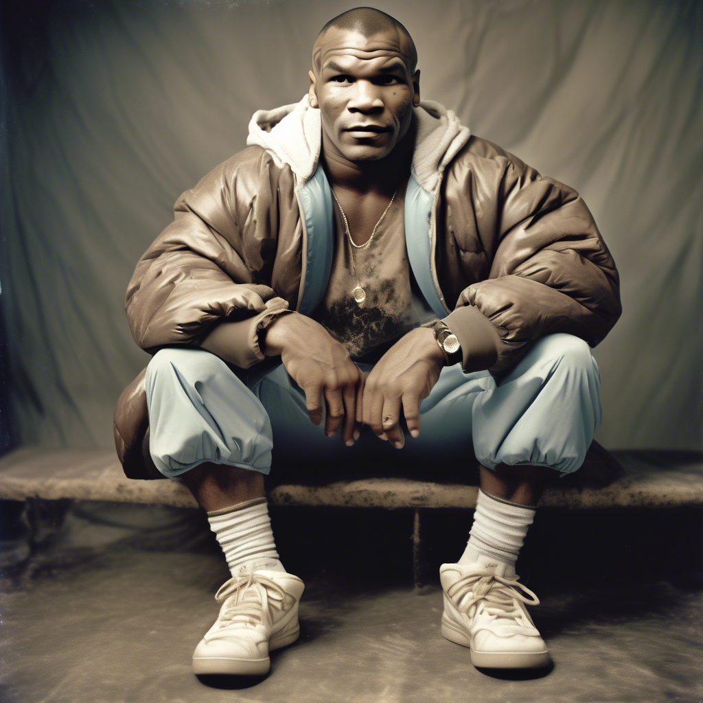 Fashion photography of a Mike Tyson dressed in large hiphop clothes from 1980s , wearing sneakers , Sony Alpha α7, ISO1900, volumetric lighting,