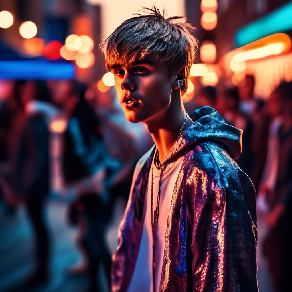 justin beiber performing on a bustling urban street at sunset. The background features blurred pedestrians and glowing shop lights. Captured in 8K with a cinematic lens, vibrant color tones, and dynamic lighting.