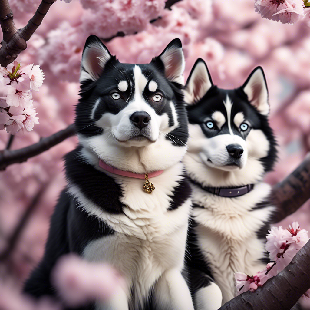A black and white tuxedo cat and a Siberian husky sitting peacefully under a blooming cherry blossom tree, captured in 8K with vibrant colors and a shallow depth of field.