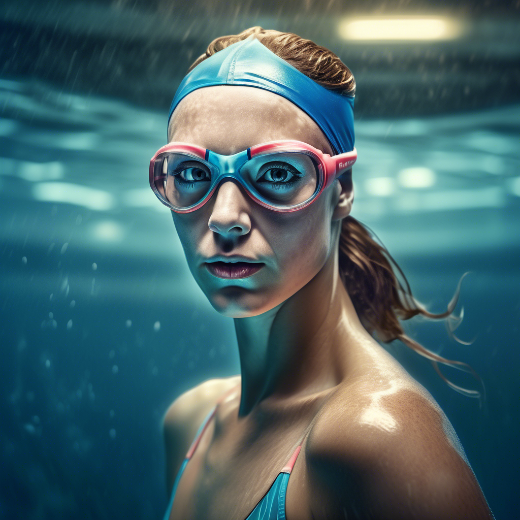 fully body centered portrait photo of a female swimmer with make up, 50mm portrait photography, hard rim lighting photography - the photo must be real