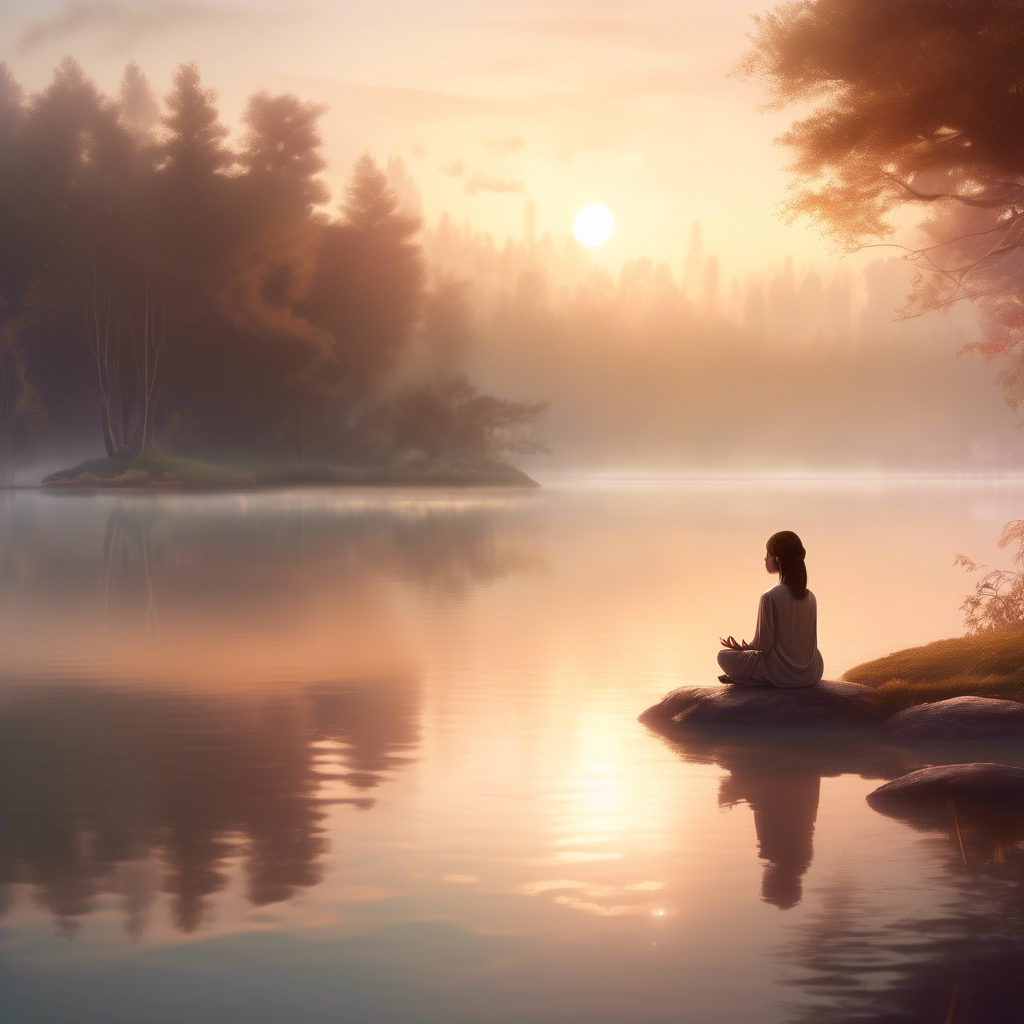 A serene girl meditating by a tranquil lake at sunrise, the mist hovering above the water, captured in 4K with an ultra-wide lens and warm, natural tones.