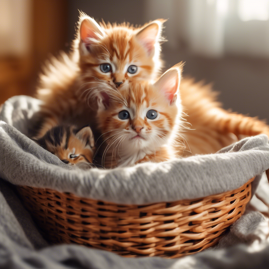 "Playful Kittens in a Basket" Two fluffy kittens, one orange tabby and one gray, playing in a wicker basket on a soft blanket. The setting is a sunlit room, with a cozy and warm atmosphere. Captured in 8K with shallow depth of field.