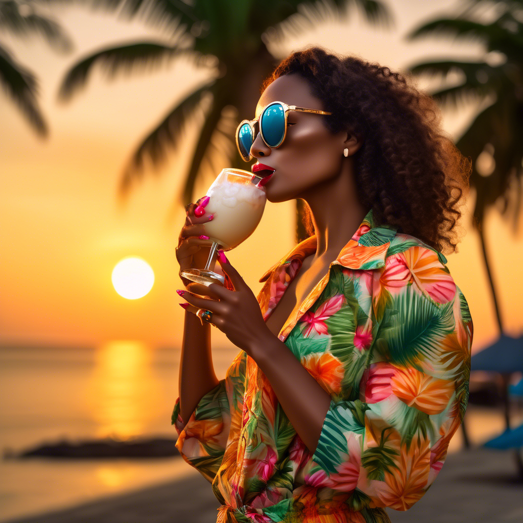 a famous female pop artist dressed in tropical beachwear and aviator sunglasses, sipping a coconut drink under a sunset sky, captured with Fujifilm GFX100, ISO200, vibrant color