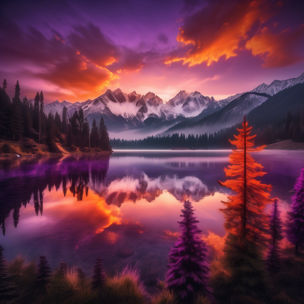 A breathtaking view of snow-capped mountains under a vivid orange and purple sunset, with a pristine lake reflecting the peaks. The scene includes lush pine trees in the foreground and mist rolling over the hills. Captured in 8K resolution with HDR lighting, a wide-angle 24mm lens, and vibrant color grading. The mood is serene and awe-inspiring.
