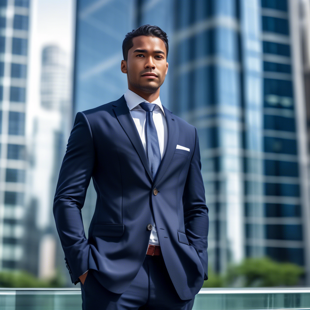 A professional portrait of a confident ethnic man in a tailored navy suit with a crisp white shirt and subtle tie, standing in front of a glass skyscraper. The background is blurred, and the lighting is soft and natural. Captured in 8K with a 50mm lens, shallow depth of field, and HDR detail.