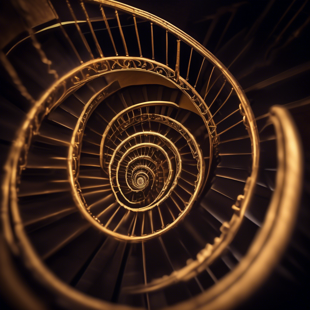 A magical spiral staircase winding upwards infinitely, with each step glowing in harmonious golden ratio proportions.