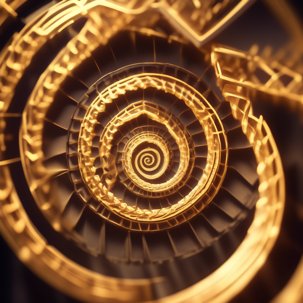 An abstract geometric design with interlocking Fibonacci spirals, glowing in radiant gold and soft pastel gradients.