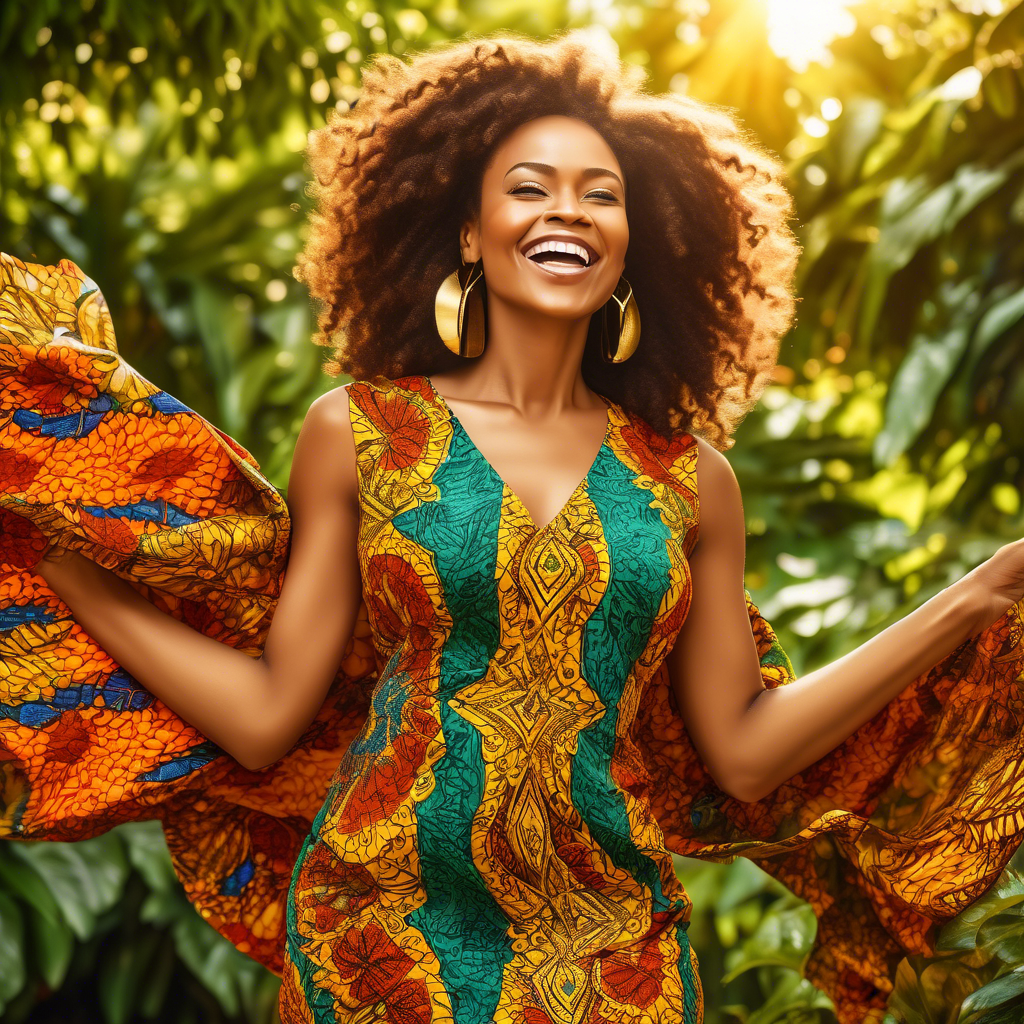 A joyful woman wearing a vibrant Ankara fabric dress with intricate patterns, adorned with golden jewelry. She stands outdoors with a sunny background of lush green foliage. 8K resolution with warm, natural lighting.