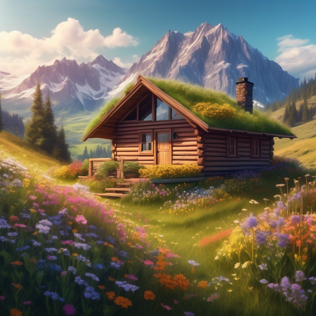 A cozy wooden cabin perched on a grassy hill, surrounded by wildflowers, with a picturesque mountain range in the background, captured in 8K with a 24mm lens and vivid HDR settings.