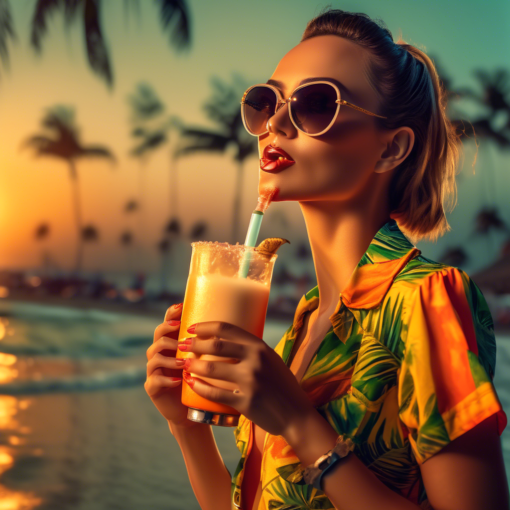 a famous female pop artist dressed in tropical beachwear and aviator sunglasses, sipping a coconut drink under a sunset sky, captured with Fujifilm GFX100, ISO200, vibrant color