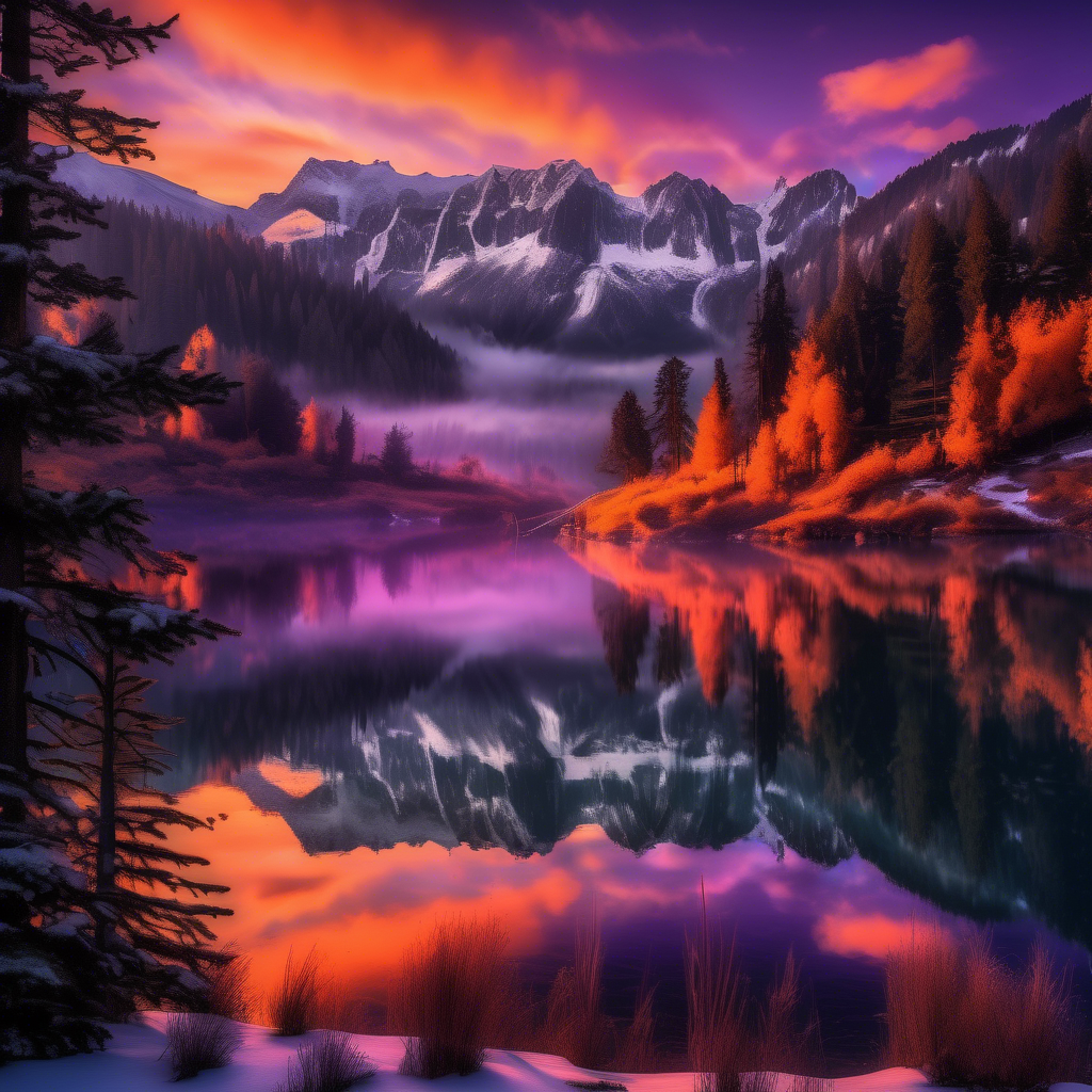 A breathtaking view of snow-capped mountains under a vivid orange and purple sunset, with a pristine lake reflecting the peaks. The scene includes lush pine trees in the foreground and mist rolling over the hills. Captured in 8K resolution with HDR lighting, a wide-angle 24mm lens, and vibrant color grading. The mood is serene and awe-inspiring.