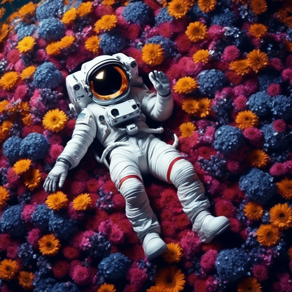 astronaut laying in flowers, top view, cinematic, dark light, beautiful colors, detailled, 4k