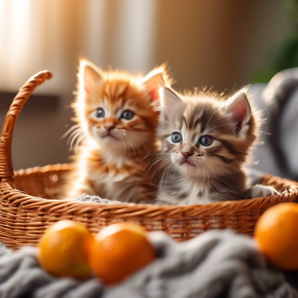 "Playful Kittens in a Basket" Two fluffy kittens, one orange tabby and one gray, playing in a wicker basket on a soft blanket. The setting is a sunlit room, with a cozy and warm atmosphere. Captured in 8K with shallow depth of field.