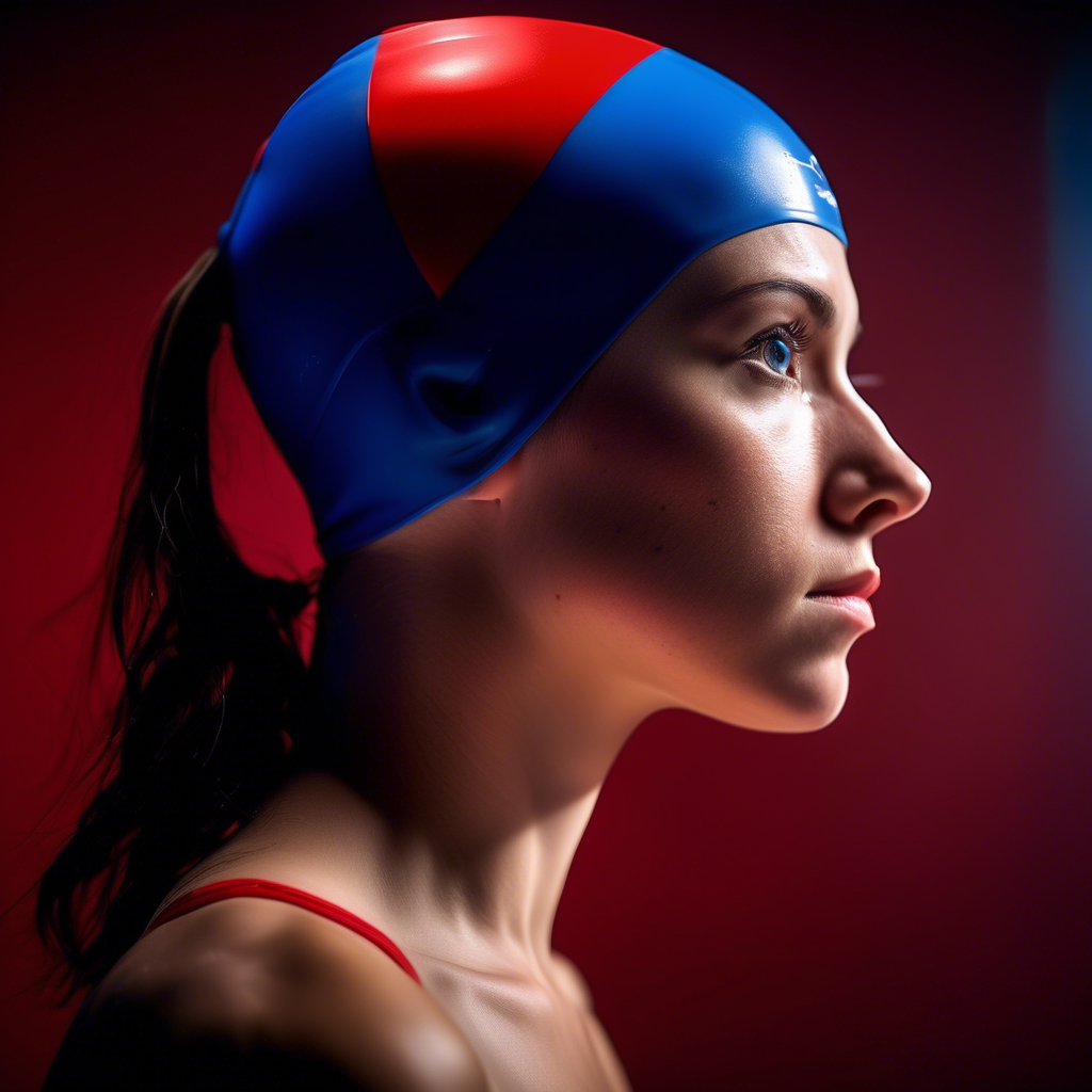 portrait photo of a female swimmer make up, blue on red, side profile, looking away, serious eyes, 50mm portrait photography, hard rim lighting photography--beta the photo must be real