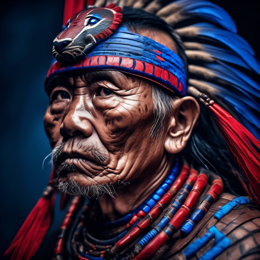 portrait photo of a asia old warrior chief, tribal panther make up, blue on red, side profile, looking away, serious eyes, 50mm portrait photography, hard rim lighting photography--beta the photo must be real