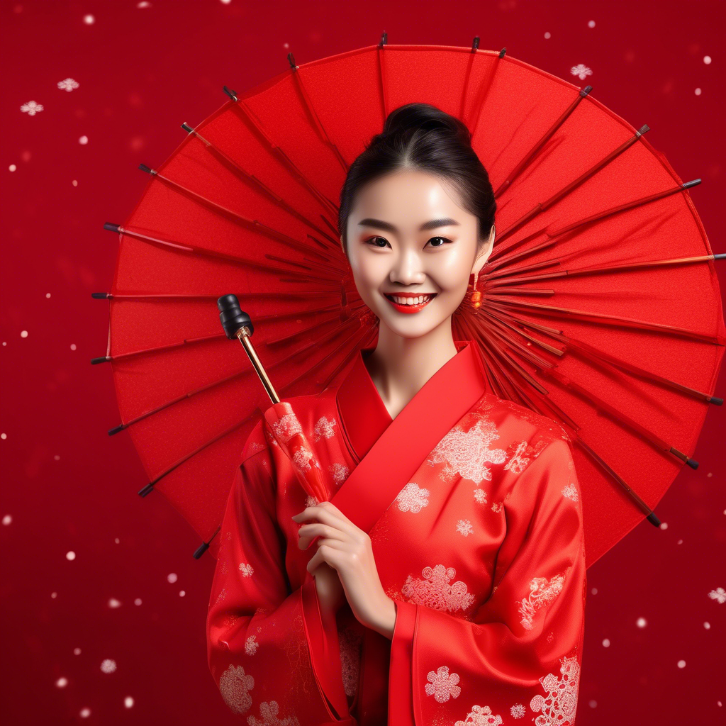 a young model dressed in Chinese clothing is posing with a umbrella in front of a red background, snowflake. solid color red background, Excellent skin texture, Smiling expression, cheerful atmosphere, in the style of eye-catching resin jewelry, Beauty product advertising, photo studio, the stars art group, xing xing, matte photo, minimalist beauty, meticulous linework precision, feminine beauty