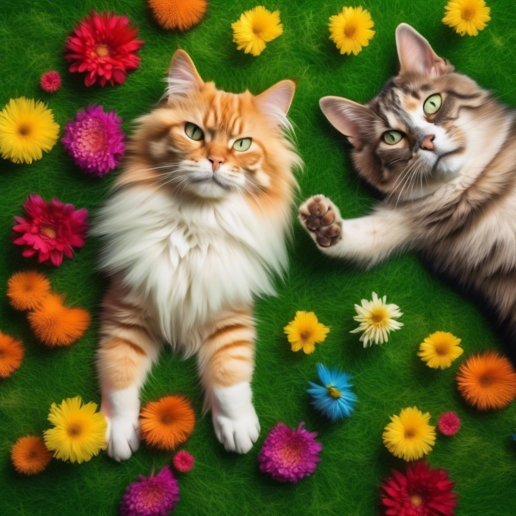 A cat and dog lying side by side on a green lawn, with colorful flowers in the background, captured in 8K using a macro lens for detailed fur textures.