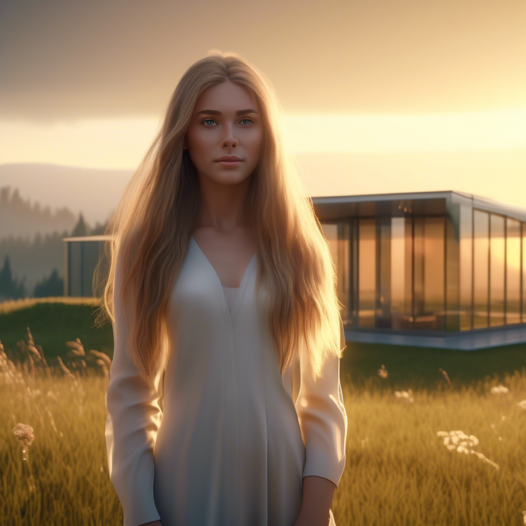 A beautiful girl with long flowing hair, standing in a meadow during golden hour, the sunlight softly illuminating her face, captured with a 4K ultra-wide lens, shallow depth of field, and cinematic color grading. A modern glass house with sleek architecture, sitting atop a misty hill during early morning, captured in 4K with dramatic lighting and a wide-angle lens