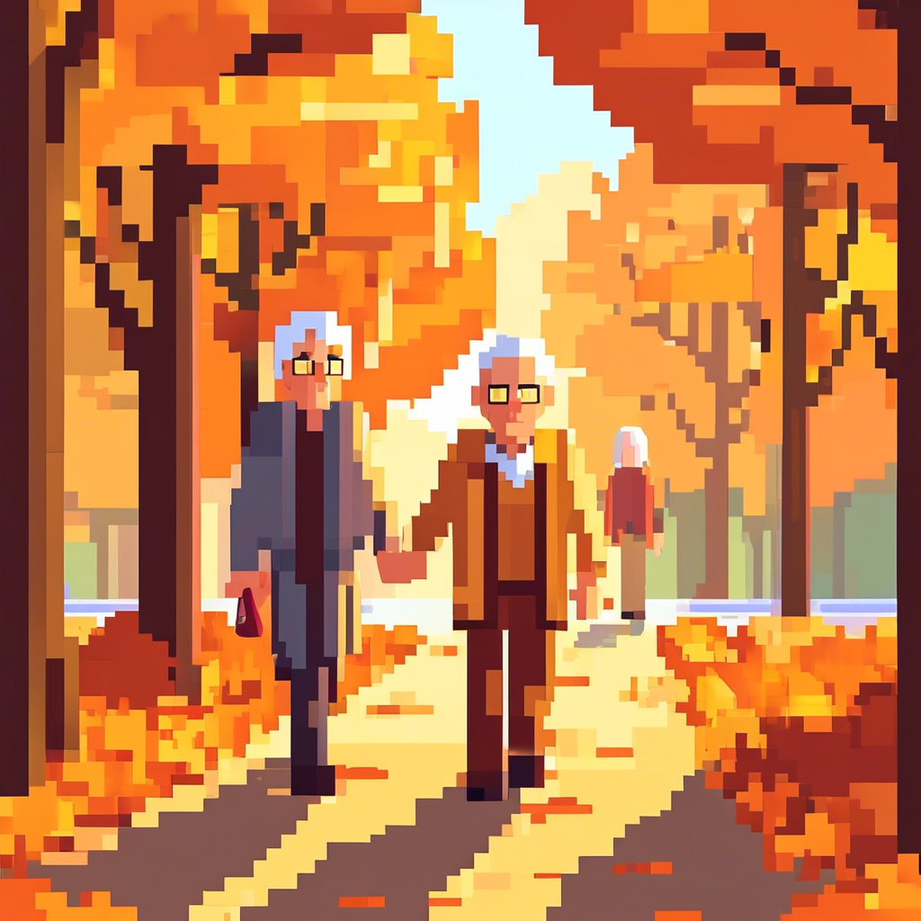 "Senior Couple Walking in a Park" An elderly couple holding hands, walking down a tree-lined path with autumn leaves covering the ground. The scene is serene, with soft golden-hour lighting in 8K resolution.