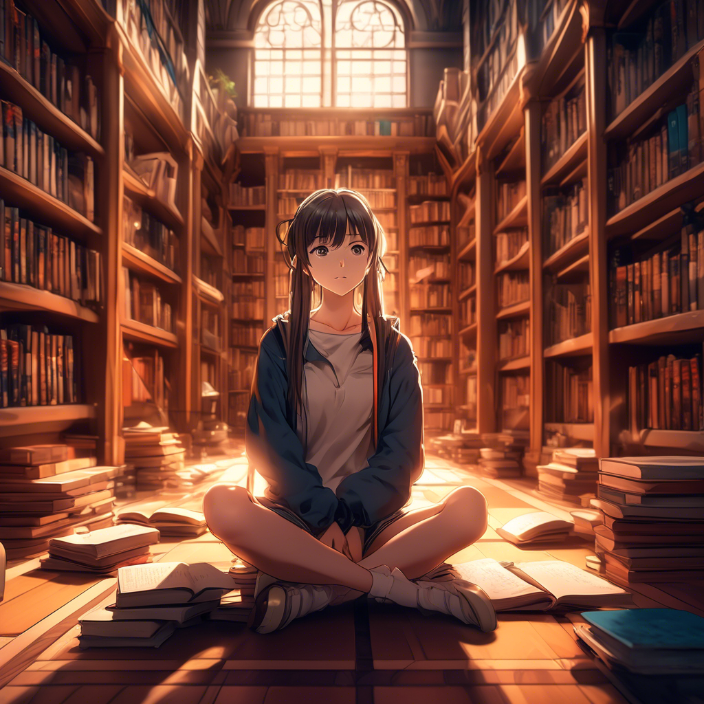 A curious girl sitting cross-legged on the floor of a grand library, surrounded by books. The scene is detailed with shelves that stretch into the distance. Captured in 8K with warm, ambient lighting.