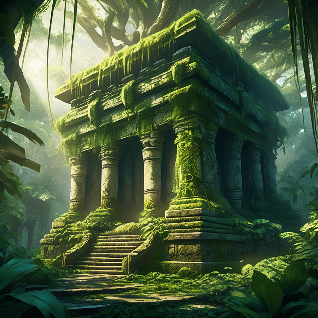 An overgrown ancient stone temple partially hidden by dense jungle foliage, with vines cascading down its walls. Sunlight filters through the canopy, creating dappled patterns on the mossy stones. Exotic birds can be seen in the distance, and the air feels humid and alive. Captured in 8K resolution with a 35mm lens, deep depth of field, and natural, vibrant lighting. The scene is mysterious and awe-inspiring.