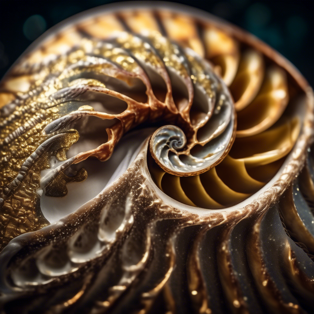 A close-up of a nautilus shell split in half, revealing intricate golden spiral patterns in exquisite detail.