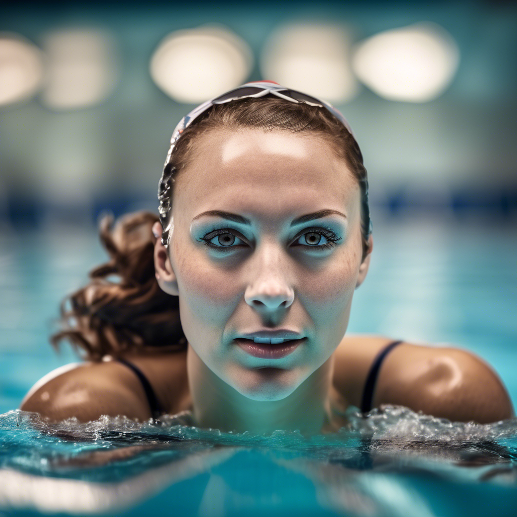 fully body centered portrait photo of a female swimmer with make up, 50mm portrait photography, hard rim lighting photography - the photo must be real
