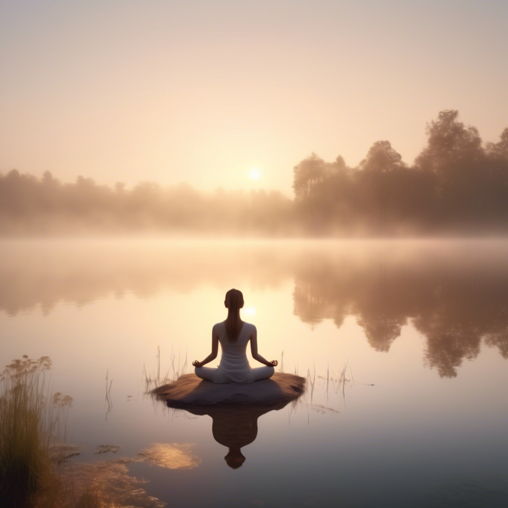 A serene girl meditating by a tranquil lake at sunrise, the mist hovering above the water, captured in 4K with an ultra-wide lens and warm, natural tones.