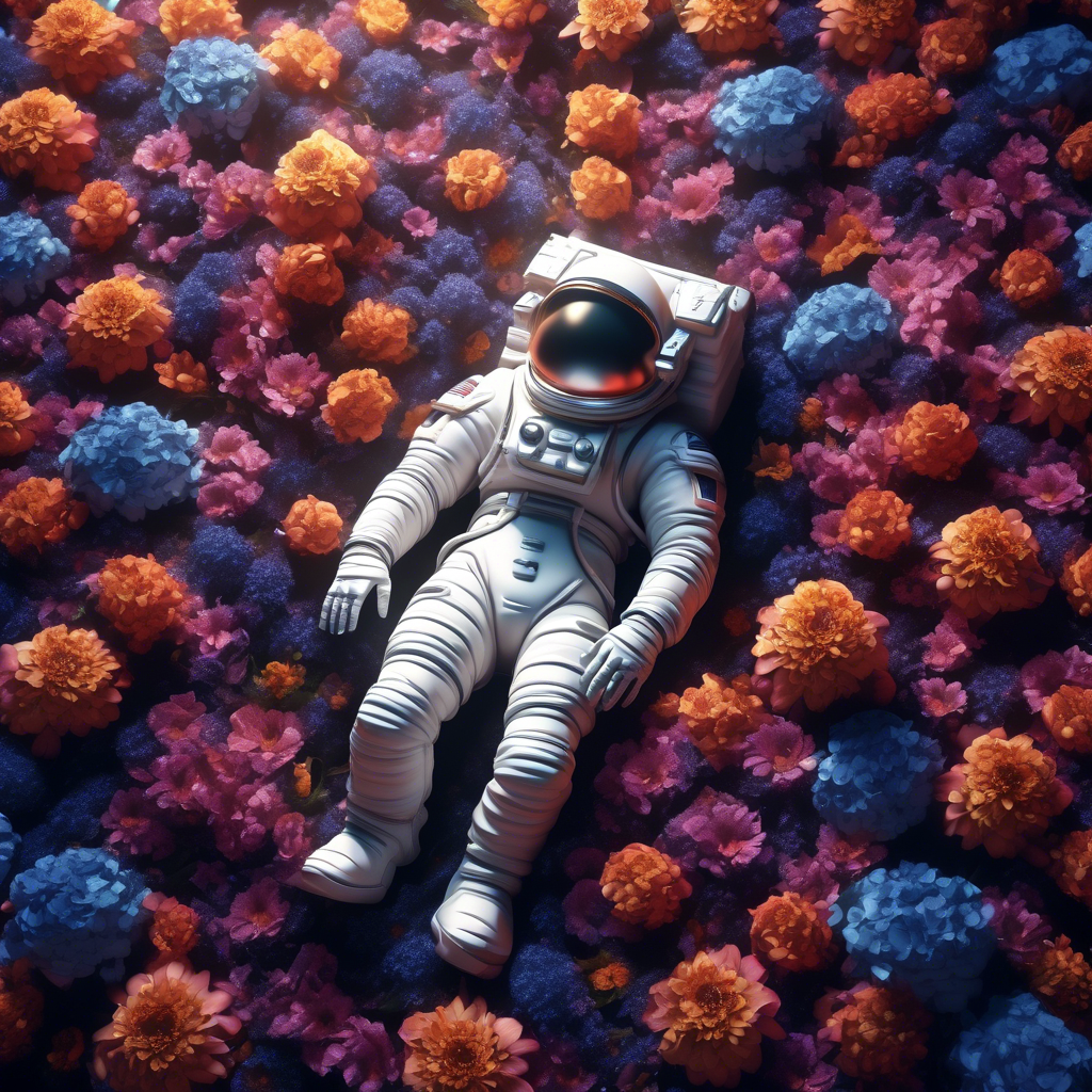 astronaut laying in flowers, top view, cinematic, dark light, beautiful colors, detailled, 4k