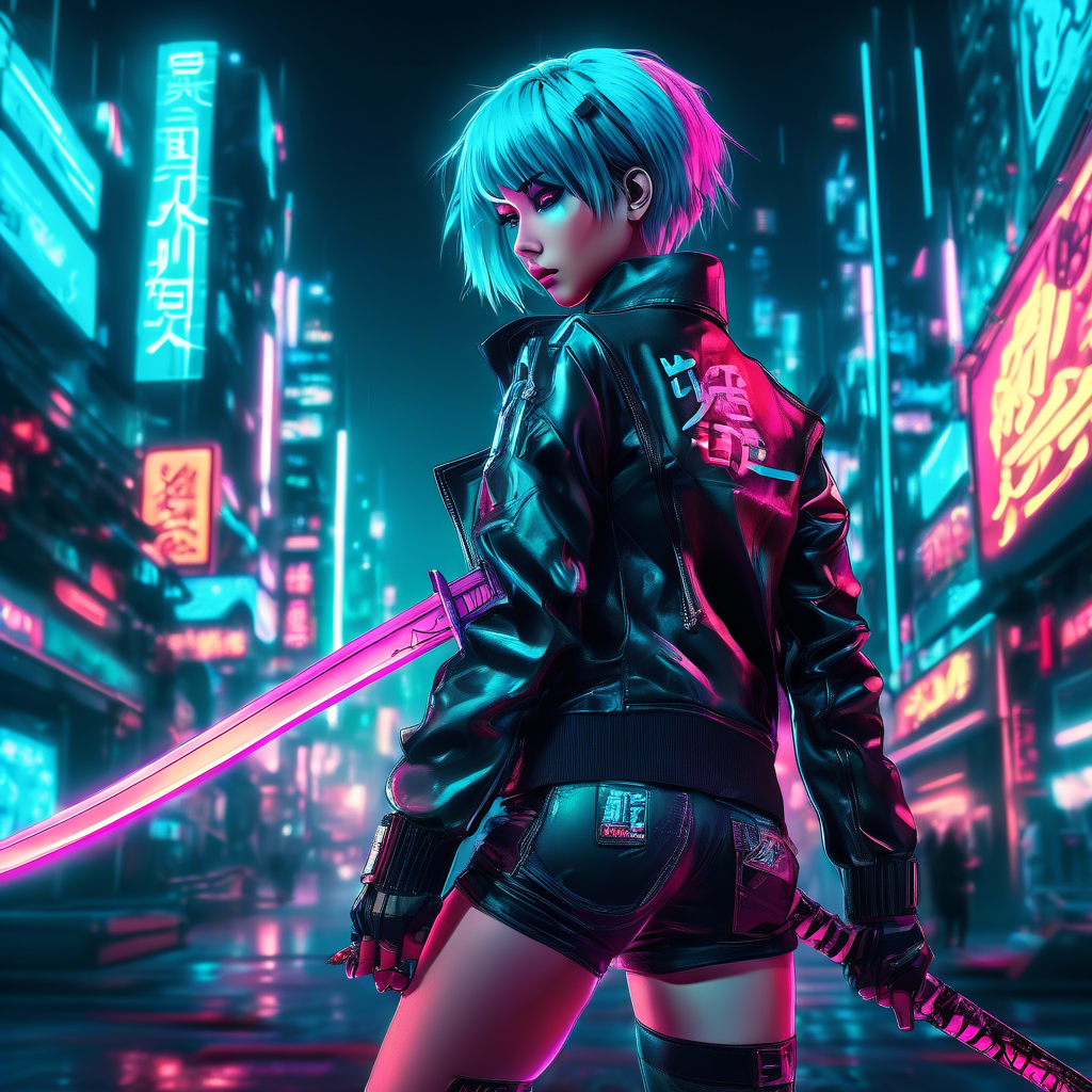 Cyberpunk Anime Girl in Neon City" A fierce anime girl with short teal hair and a black leather jacket, holding a glowing katana in a futuristic cityscape lit by neon signs. Captured in 8K with dynamic lighting and high contrast.
