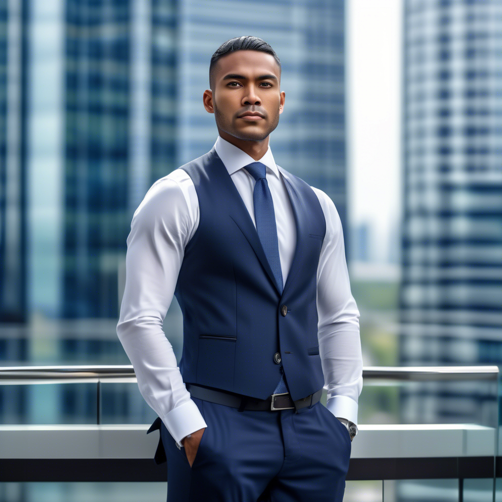 A professional portrait of a confident ethnic man in a tailored navy suit with a crisp white shirt and subtle tie, standing in front of a glass skyscraper. The background is blurred, and the lighting is soft and natural. Captured in 8K with a 50mm lens, shallow depth of field, and HDR detail.