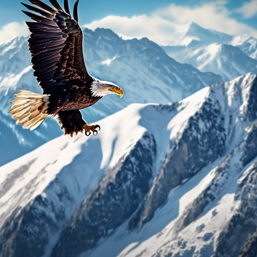 "Majestic Bald Eagle in Flight" A close-up of a bald eagle soaring over a mountain range, with its wings fully extended and feathers sharply detailed. The background features a clear blue sky and snowy peaks. Rendered in 8K with high contrast and dramatic lighting.