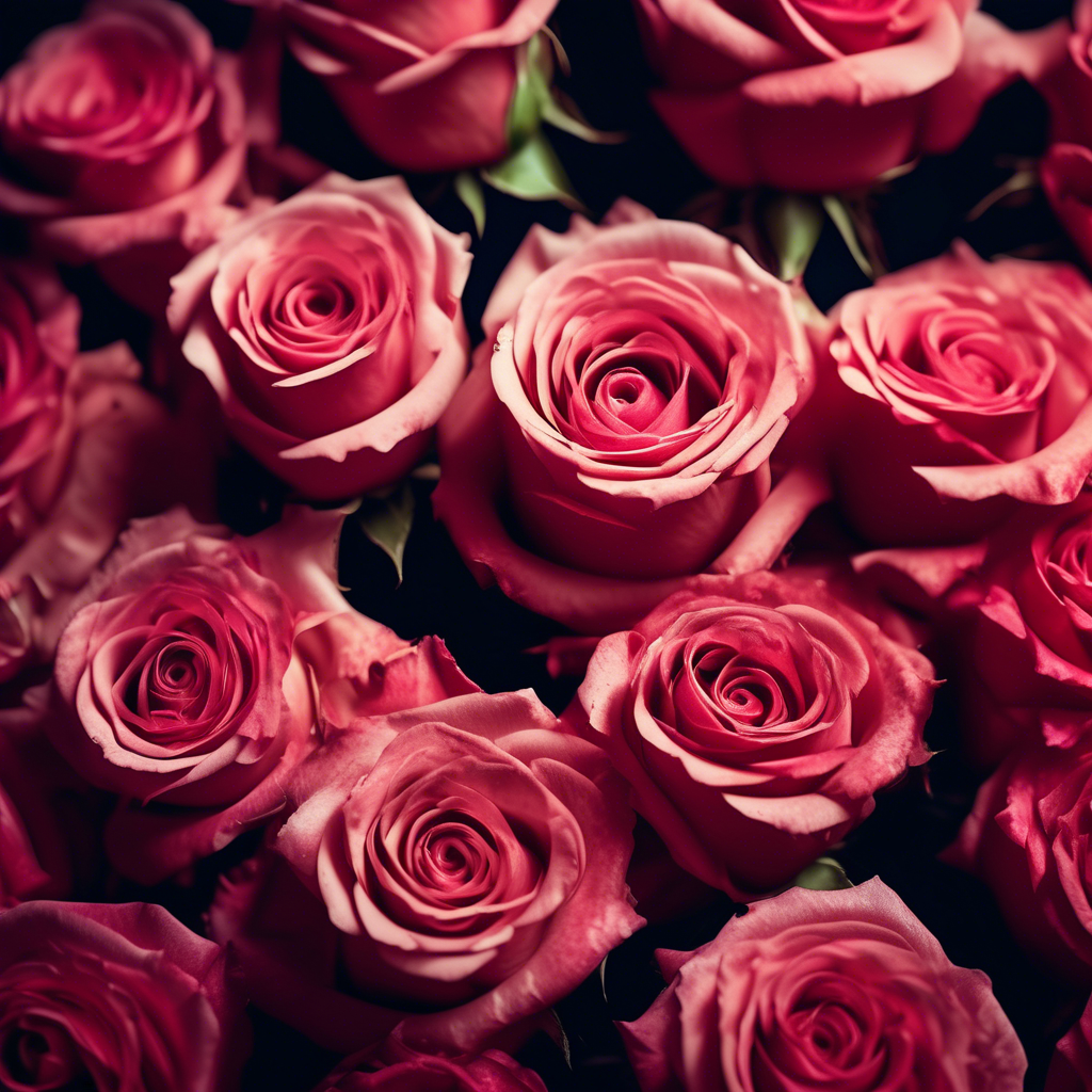 A bouquet of roses with petals arranged perfectly in Fibonacci spirals, radiating vibrant red and pink tones.