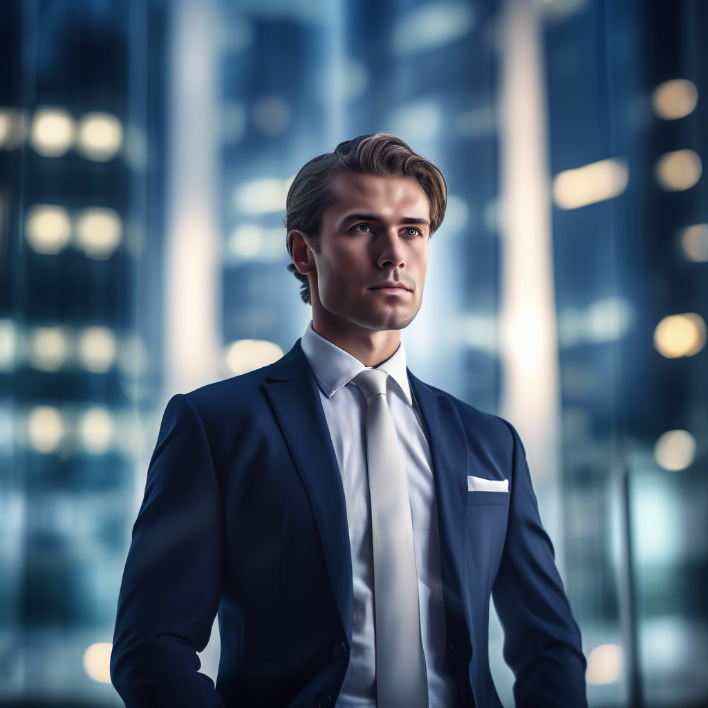 A professional portrait of a confident man in a tailored navy suit with a crisp white shirt and subtle tie, standing in front of a glass skyscraper. The background is blurred, and the lighting is soft and natural. Captured in 8K with a 50mm lens, shallow depth of field, and HDR detail.