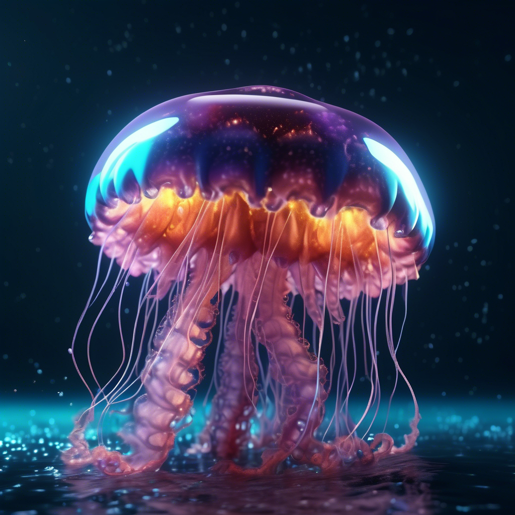 Radioactive jellyfish in a sea of liquid methane, extraterrestrial life forms, gorgeous photorealism, Mesmerizing artwork