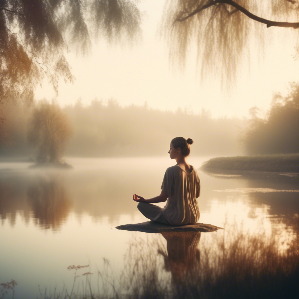 A serene girl meditating by a tranquil lake at sunrise, the mist hovering above the water, captured in 4K with an ultra-wide lens and warm, natural tones.