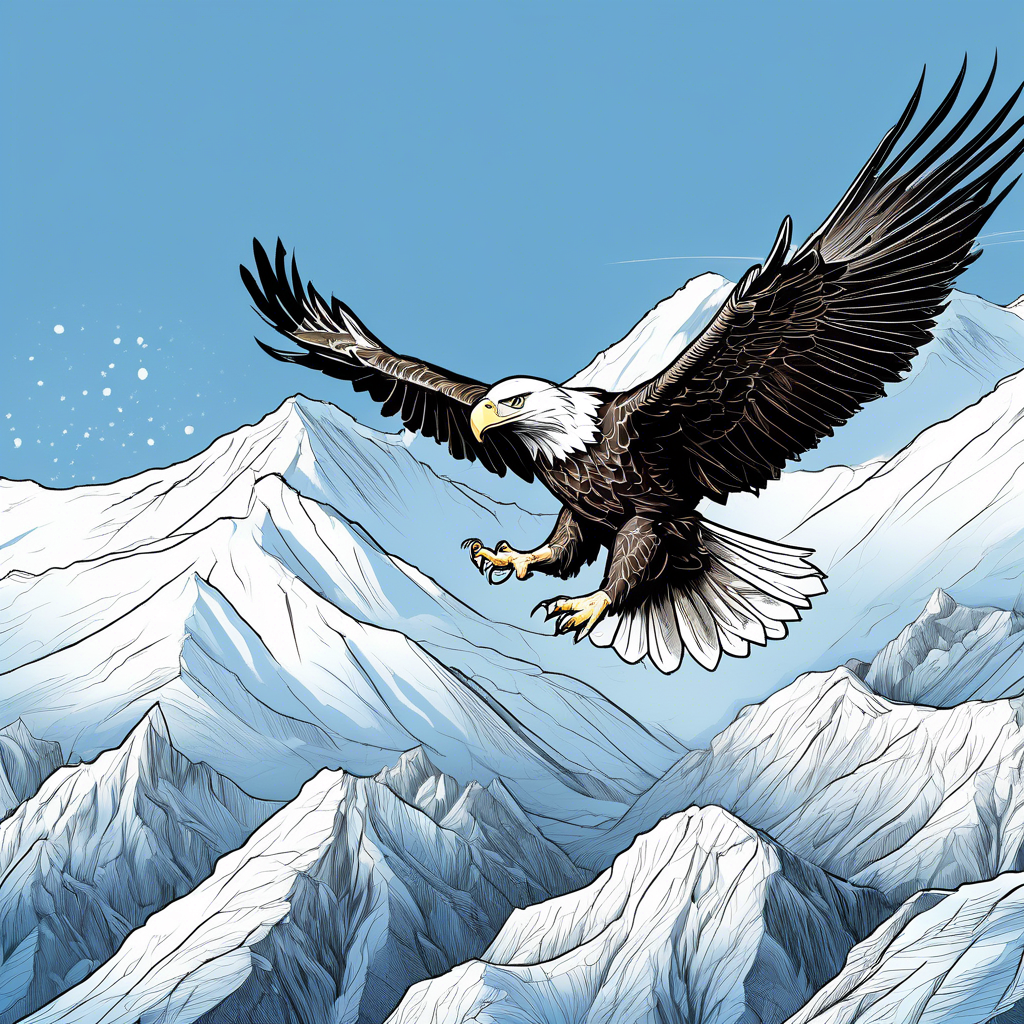 "Majestic Bald Eagle in Flight" A close-up of a bald eagle soaring over a mountain range, with its wings fully extended and feathers sharply detailed. The background features a clear blue sky and snowy peaks. Rendered in 8K with high contrast and dramatic lighting.