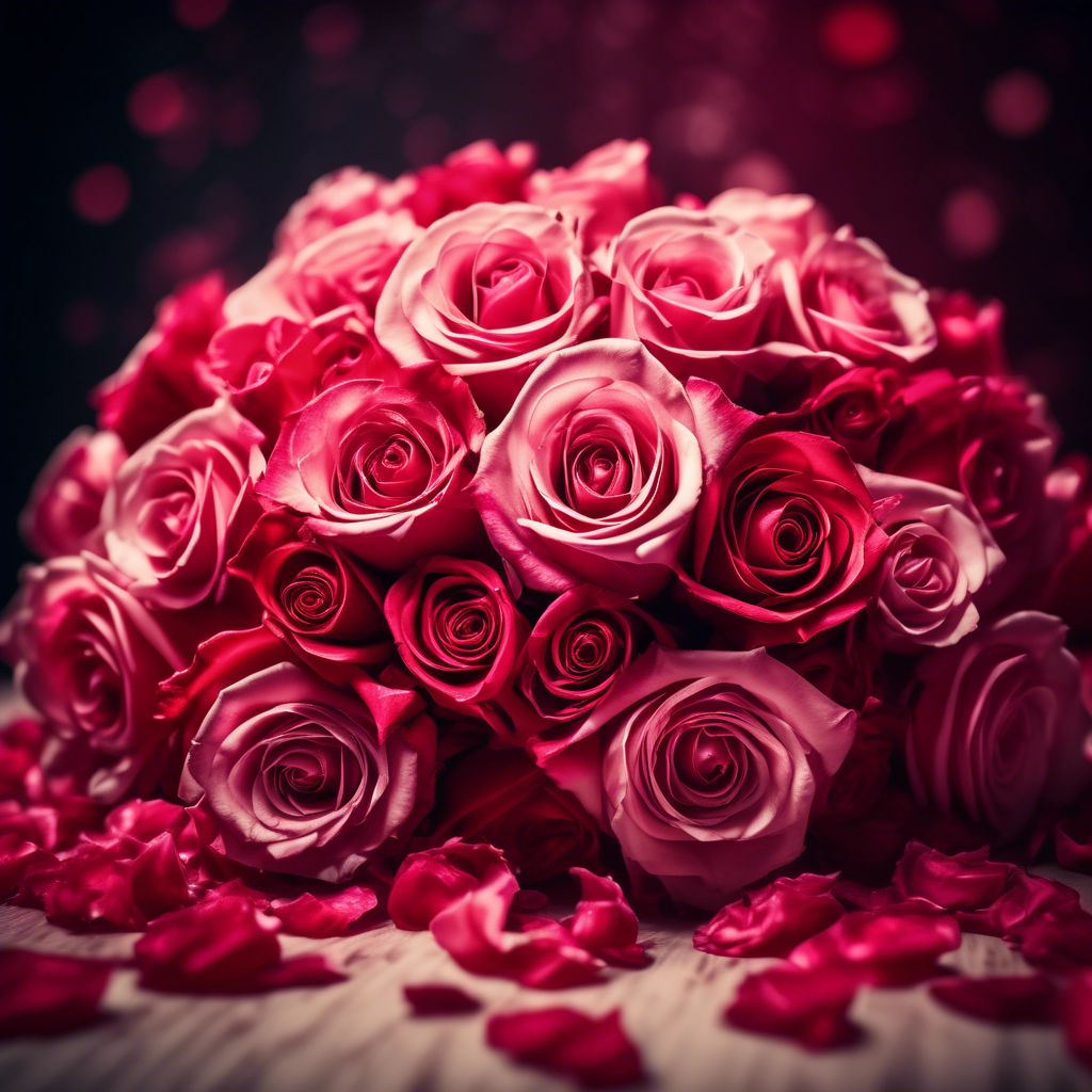 A bouquet of roses with petals arranged perfectly in Fibonacci spirals, radiating vibrant red and pink tones.