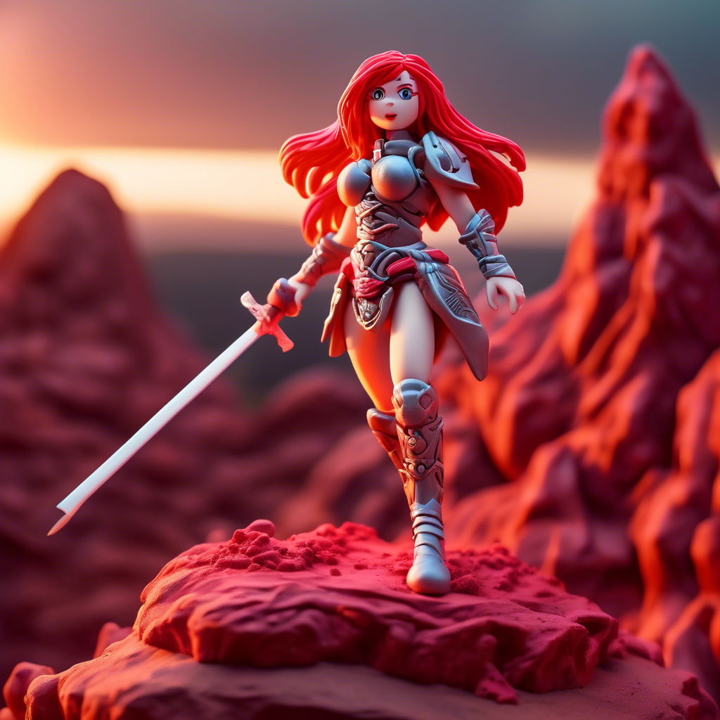 "Warrior Anime Girl in Battle Armor" A strong anime girl with flowing red hair, wielding a massive sword. She wears futuristic battle armor, standing atop a cliff overlooking a battlefield at sunset. Captured in 8K with dramatic lighting and vivid detail.