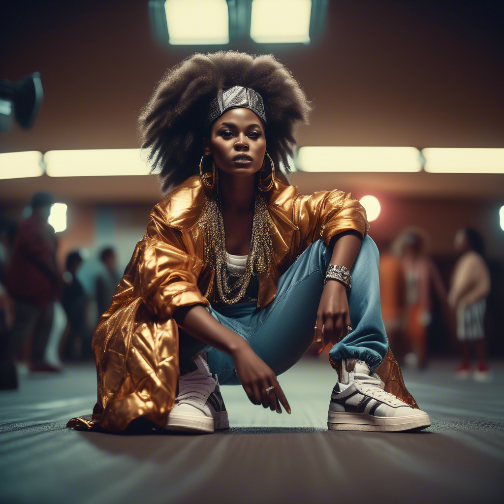 Fashion photography of an African beauty queen dressed in large hiphop clothes from 1980s , wearing sneakers , Sony Alpha α7, ISO1900, volumetric lighting,
