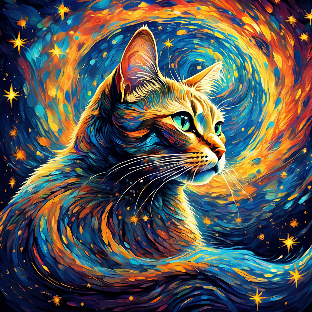 Generate an awe-inspiring and surreal digital painting of a mystical cat adorned with intricate patterns, floating amidst a swirling vortex of vibrant colors and shimmering stars. Capture the essence of Van Gogh's "Starry Night," with bold brushstrokes and a dreamy, otherworldly atmosphere.