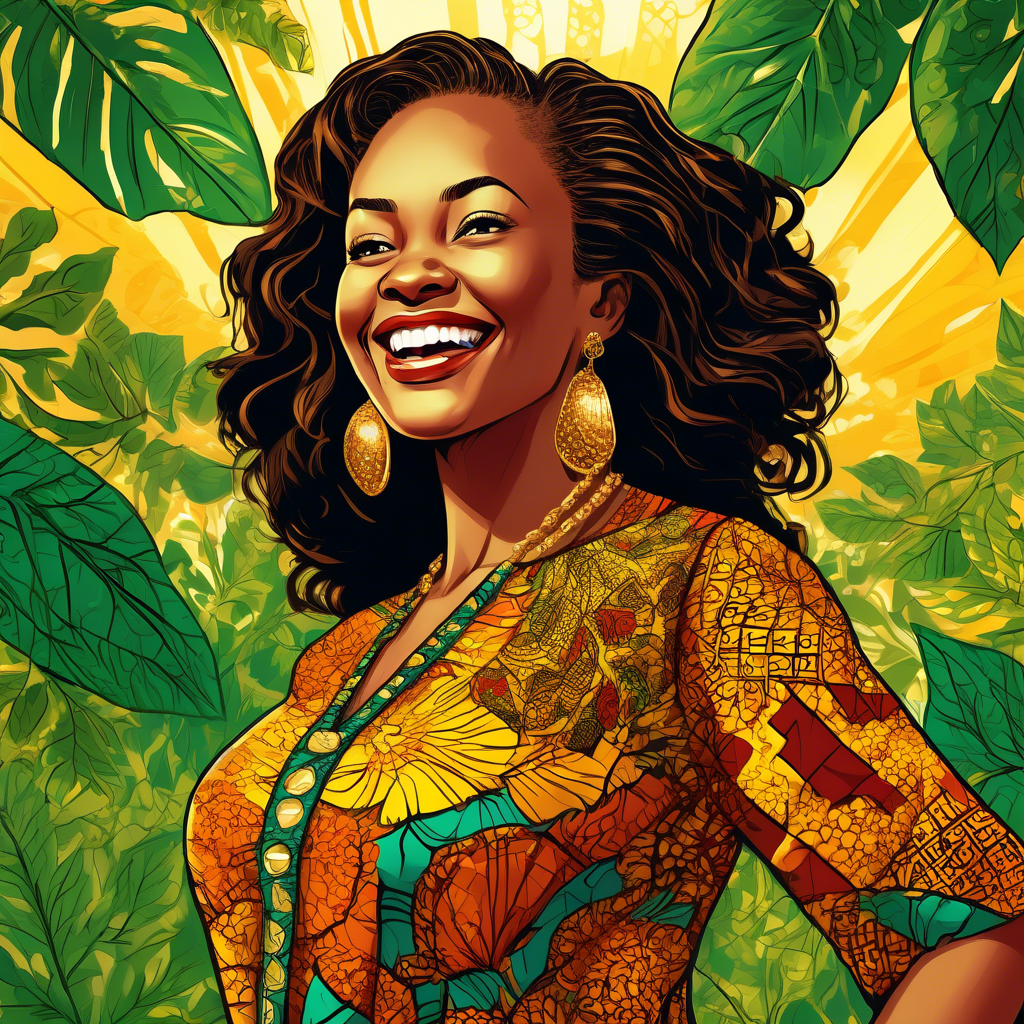 A joyful woman wearing a vibrant Ankara fabric dress with intricate patterns, adorned with golden jewelry. She stands outdoors with a sunny background of lush green foliage. 8K resolution with warm, natural lighting.