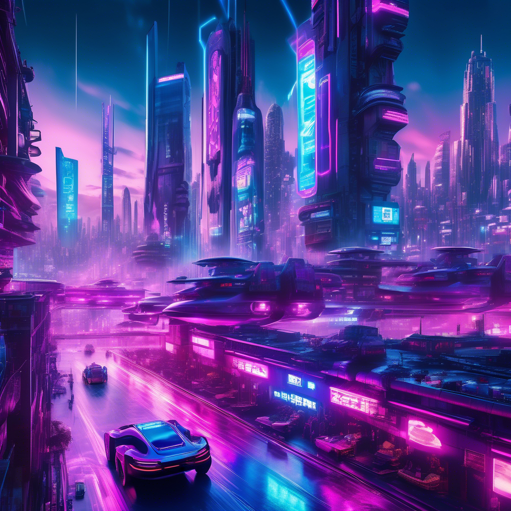 A sprawling futuristic city illuminated by neon lights in shades of blue, pink, and purple. Flying cars zip through the air, and towering skyscrapers feature holographic advertisements. The streets below are bustling with people in cyberpunk-inspired clothing. Captured in 8K resolution with a 35mm lens, shallow depth of field, and cinematic lighting. The atmosphere is energetic and vibrant.