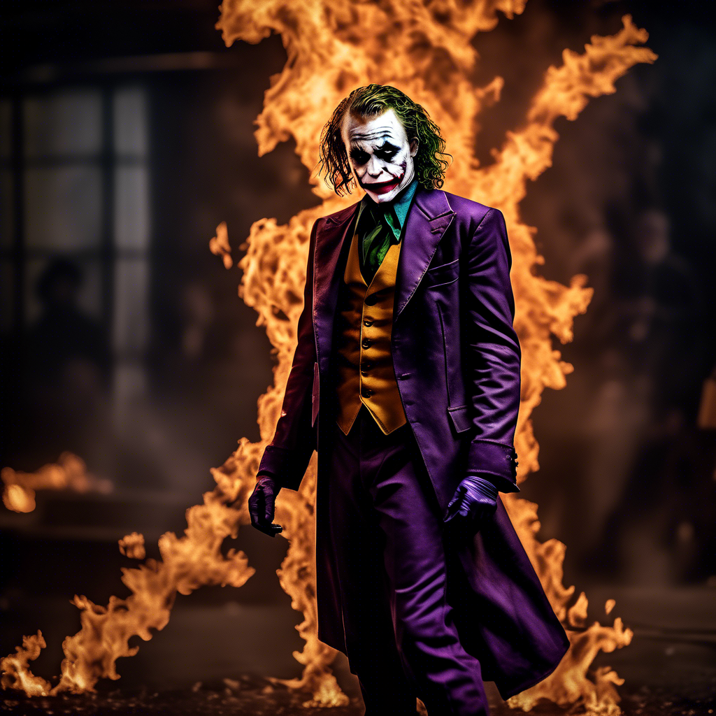dark and gloomy, a full body photo of Heath Ledger as the joker, the flames behind him , lifelike texture, dynamic composition, Fujifilm XT2, 85mm F1.2, 1/80 shutter speed, (bokeh), high contrast, cinematic, movie still, 8K