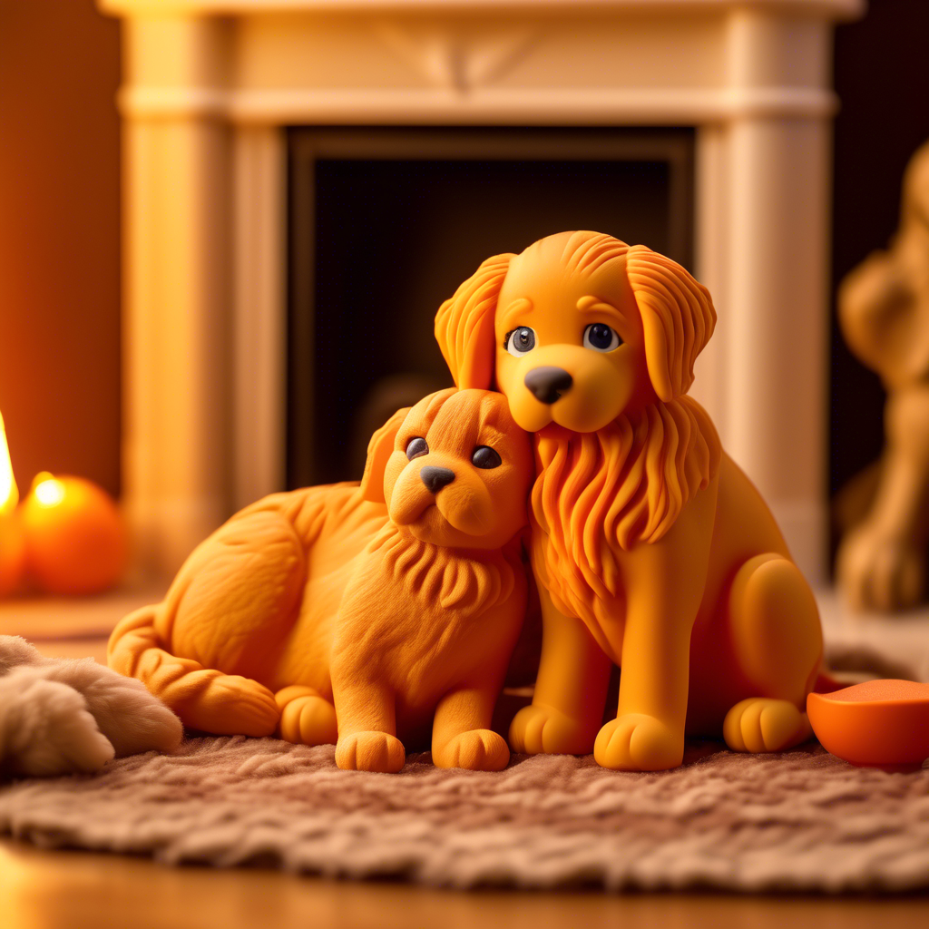A fluffy orange cat and a golden retriever puppy cuddling together on a soft rug in front of a fireplace, captured in 4K with a 50mm lens and cozy, warm lighting.